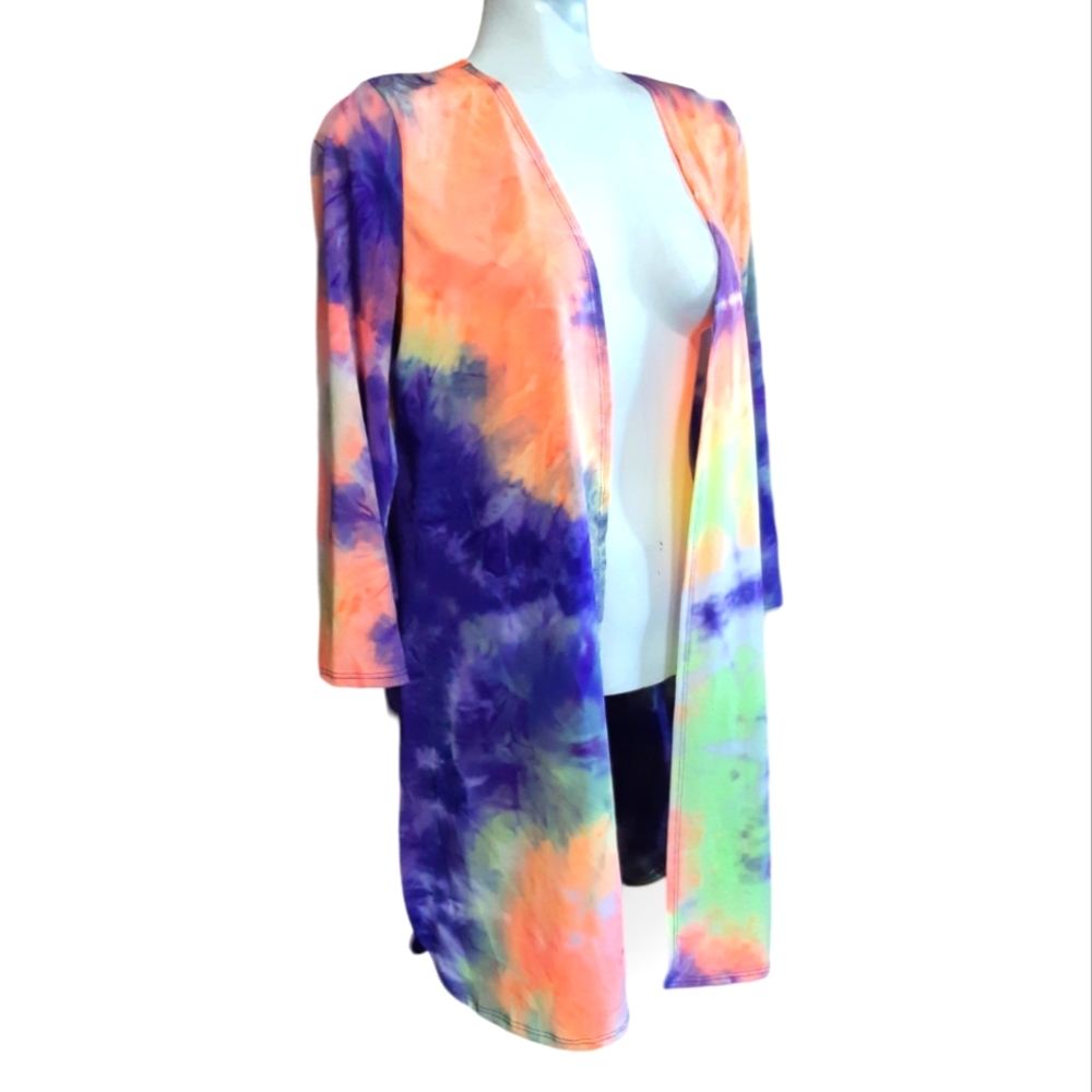Heimish rounded hem side slit ti-dye tunic open front cardigan medium